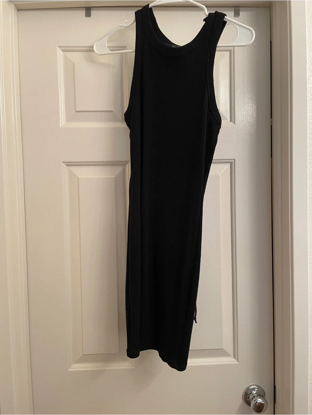 Black Ribbed Midi Dress with Lace-Up Stitching Details
